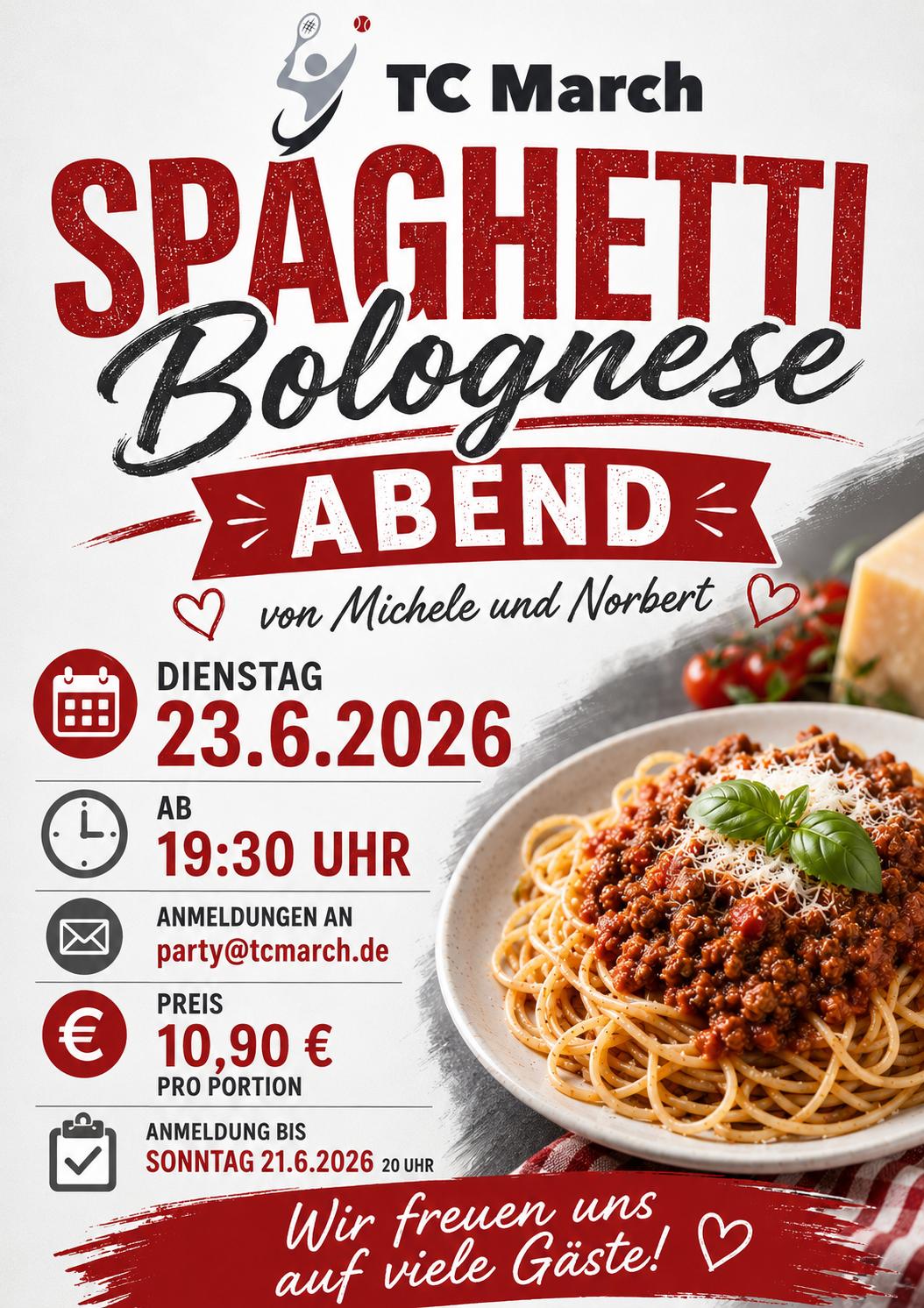 Mehr über den Artikel erfahren Bewirtung beim TC March nächsten Dienstag 23.06.26 19.30h 😋🍝