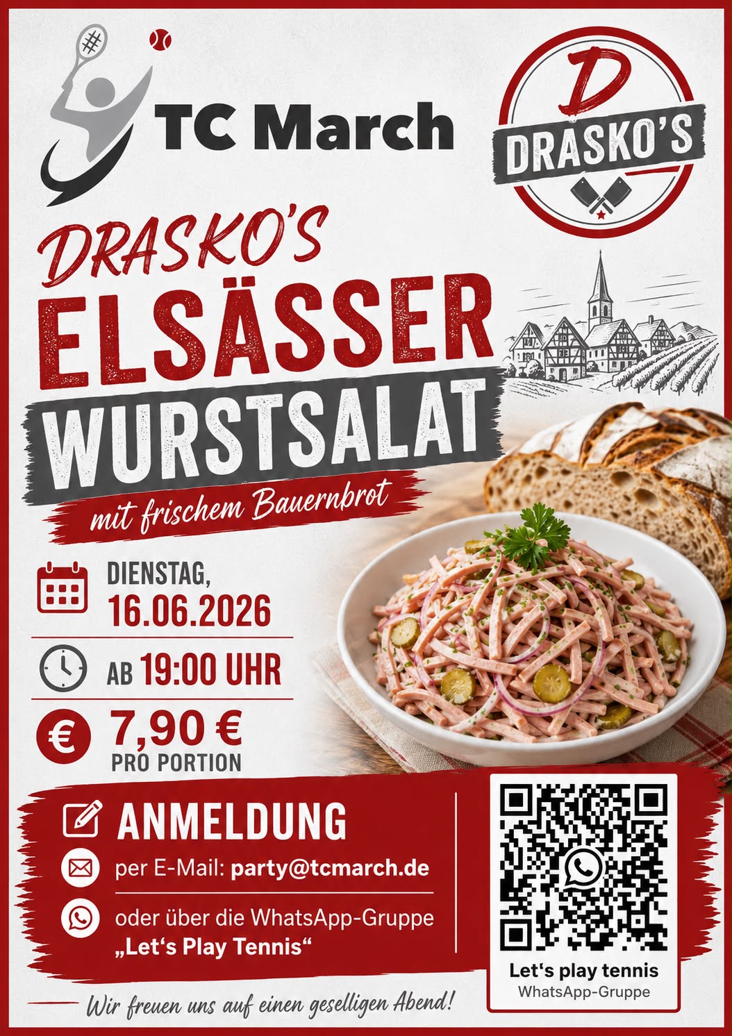 Mehr über den Artikel erfahren Bewirtung beim TC March nächsten Dienstag 16.06.26 19h😋🍴